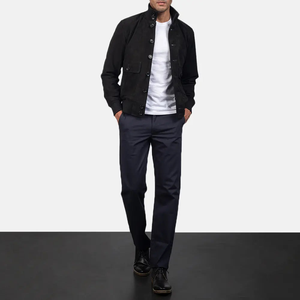 Detailansicht of Knit Rib &amp; Button Hardware on Men's Eaton Brown Suede Bomber Jacket