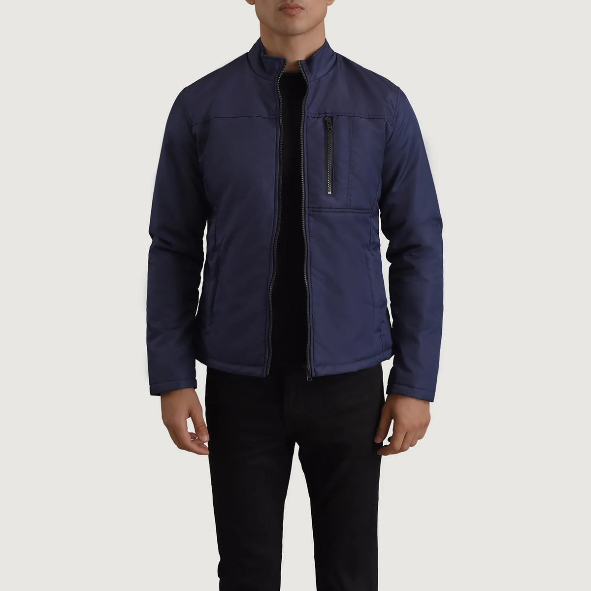 Elliot Blau Lightweight Lederjacke für Herren in Blue Full-Grain Leather - Vorderansicht &amp; maßgeschneiderte Silhouette | Online Kaufen