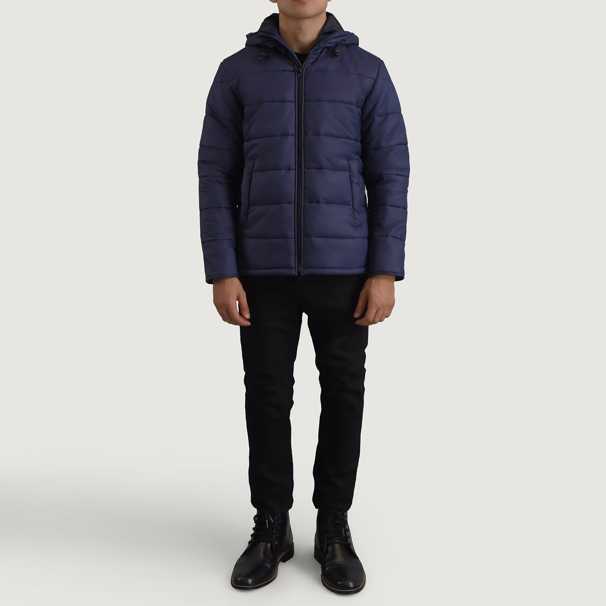 Erico Blau Hooded Puffer Lederjacke für Herren - Seitenansicht mit ergonomischem Ärmelschnitt