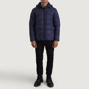 Erico Blau Hooded Puffer Lederjacke für Herren - Seitenansicht mit ergonomischem Ärmelschnitt