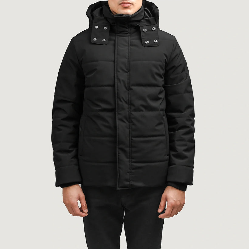 Exton Schwarz Hooded Down Puffer Lederjacke für Herren