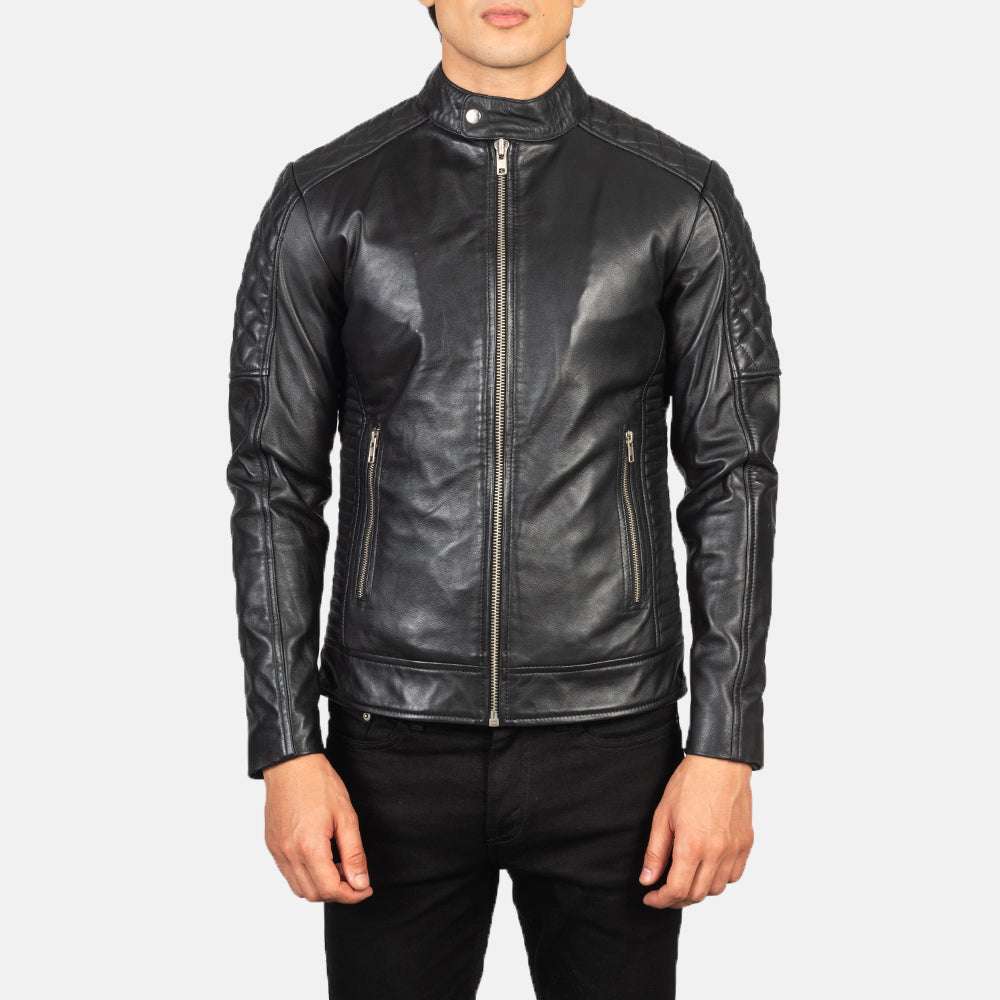 Detailansicht of Band Collar &amp; Zipper Hardware on Men's Fernando Quilted Brown Suede Biker Jacket