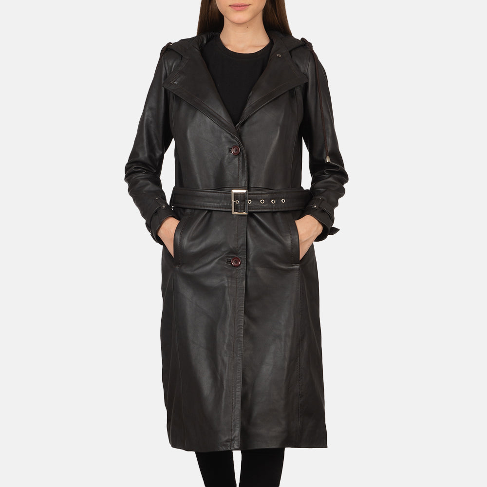 
Fixon Hooded Braun Leder-Trenchcoat für Damen in Brown Sheepskin Leather - Vorderansicht & maßgeschneiderte Silhouette | Online Kaufen