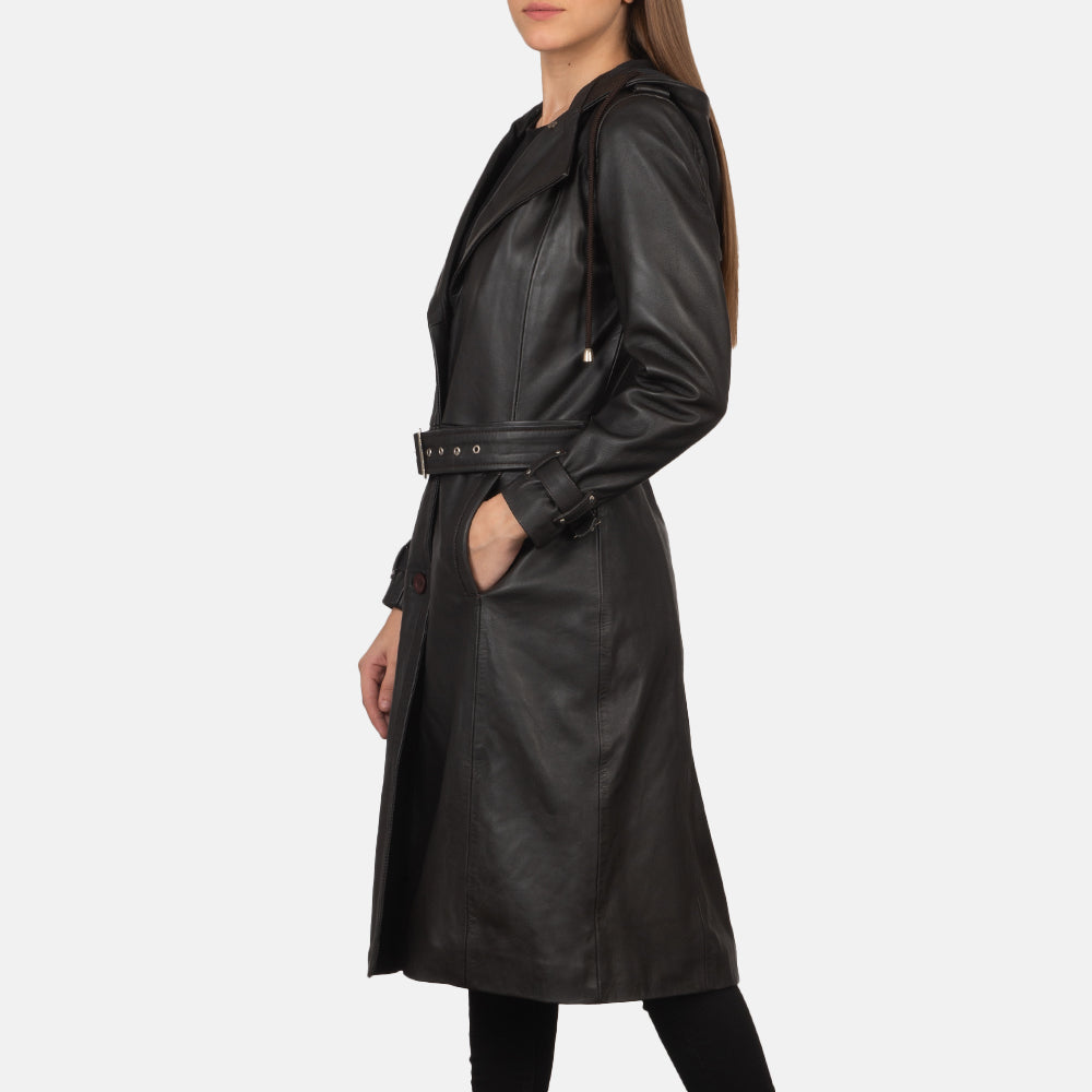 Brown Sheepskin Leather Trench Coat - Rückansicht mit passgenauen Schultern & sauberem Saum