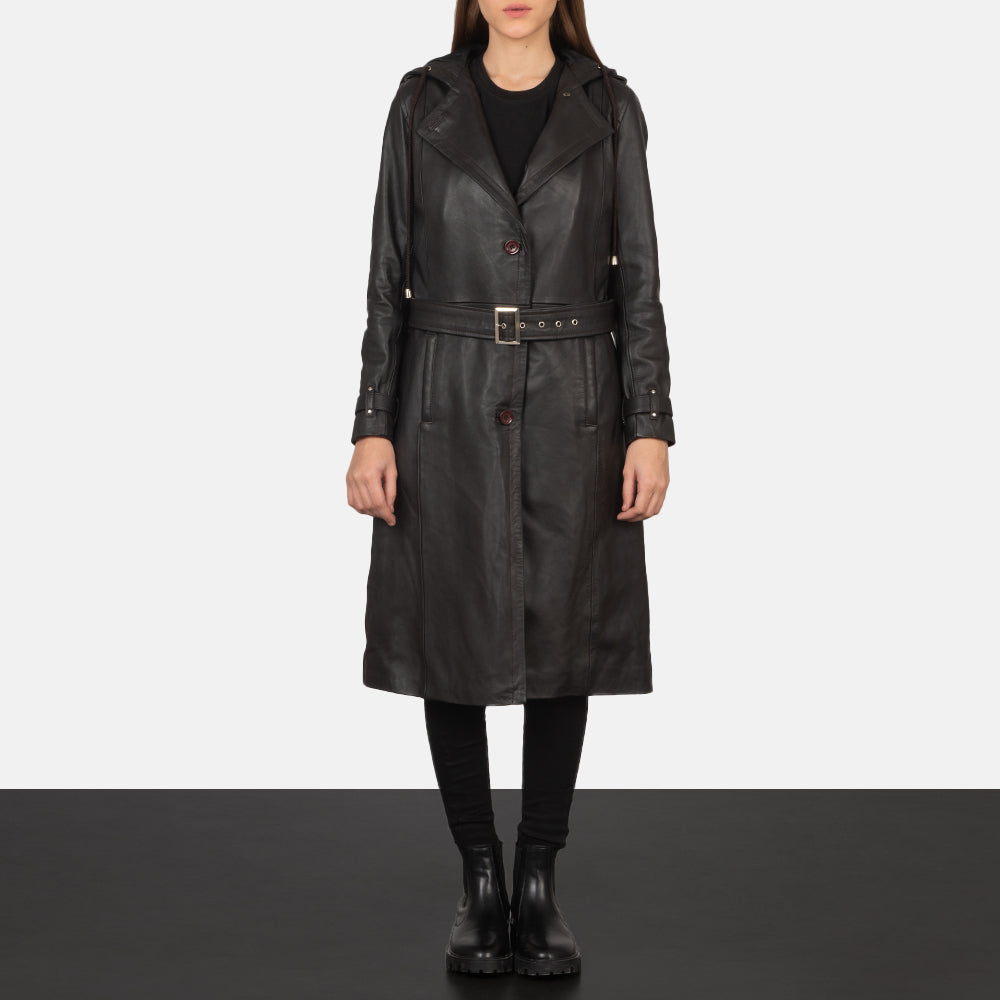 
Fixon Hooded Braun Leder-Trenchcoat für Damen - Seitenansicht mit ergonomischem Ärmelschnitt & sportlicher Passform