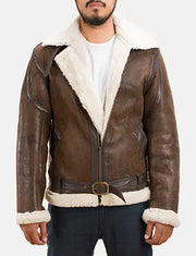 Men's Forest Double Face Lammfelljacke für Herren in Distressed Brown Sheepskin Leather - Vorderansicht &amp; maßgeschneiderte Silhouette | Online Kaufen