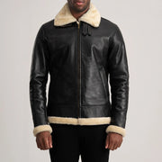Detailansicht of Buckled Collar &amp; Zipper Hardware on Men's Francis B-3 Black Leather Bomber Jacket