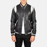 Men's Dantee Black Leather Varsity Jacket in Black &amp; White Sheepskin Leather - Vorderansicht &amp; maßgeschneiderte Silhouette | Online Kaufen