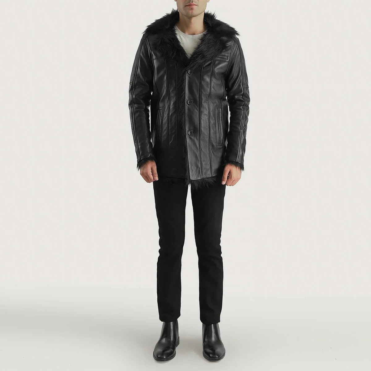Detailansicht of Notch &amp; Button Hardware on Men's Furcliff Schwarz Ledermantel für Herren