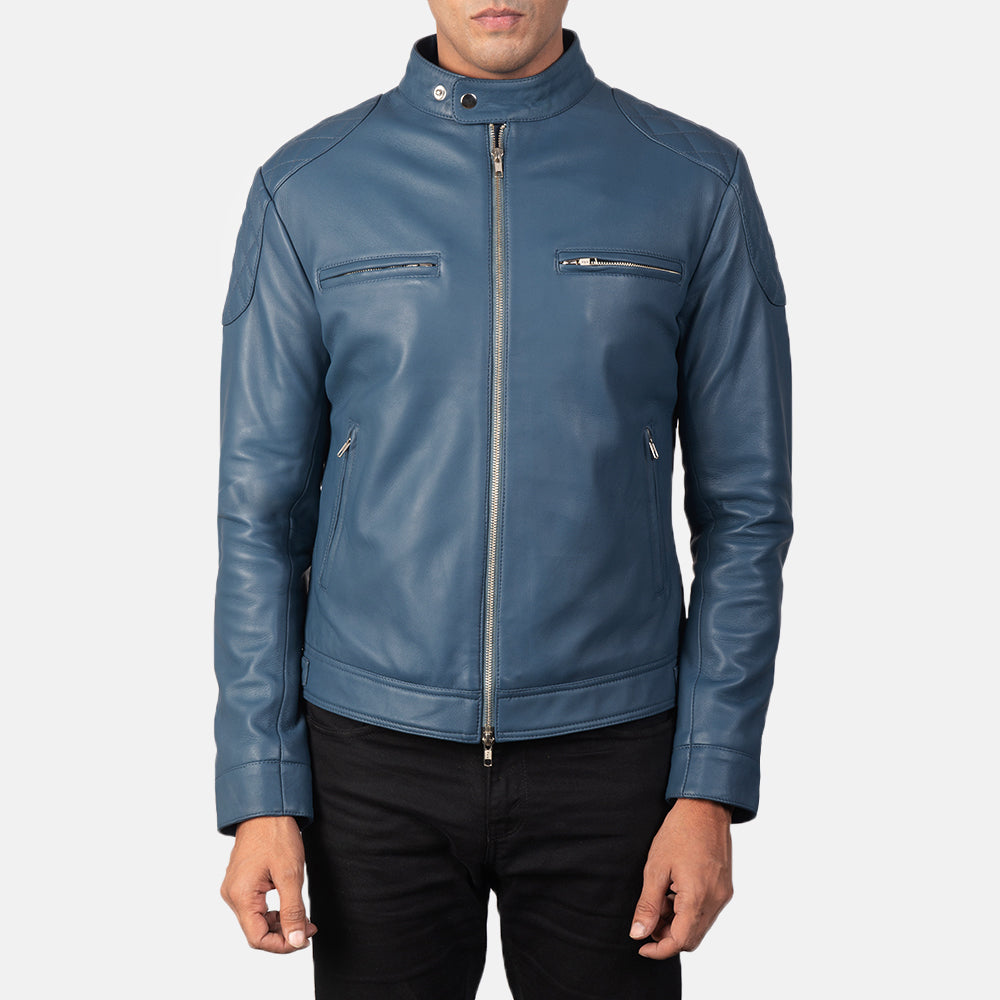 Men's Gatsby Quilted Blue Leather Biker Jacket - Seitenansicht mit ergonomischem Ärmelschnitt