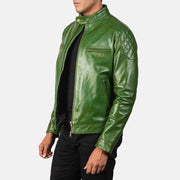 Green Sheepskin Burnishing Biker Jacket - Rückansicht mit passgenauen Schultern &amp; sauberem Saum
