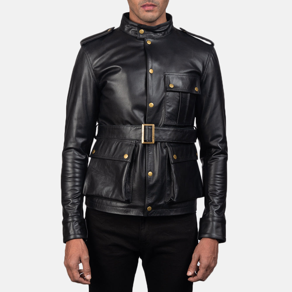 Germain Schwarz Lederjacke für Herren in Black Cowhide Leather - Vorderansicht &amp; maßgeschneiderte Silhouette | Online Kaufen