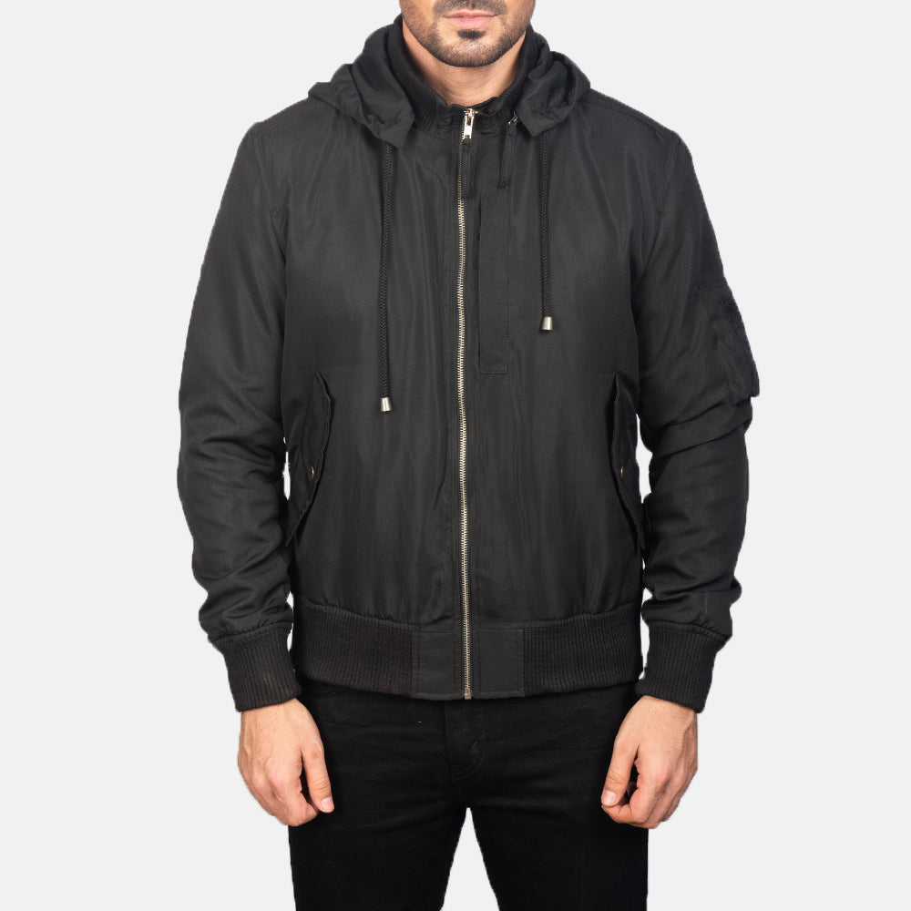 
Detailansicht of Knit Rib with Removable Polyester Hood & Zipper Hardware on Hanklin Ma-1 Black Hooded Bomber Jacket