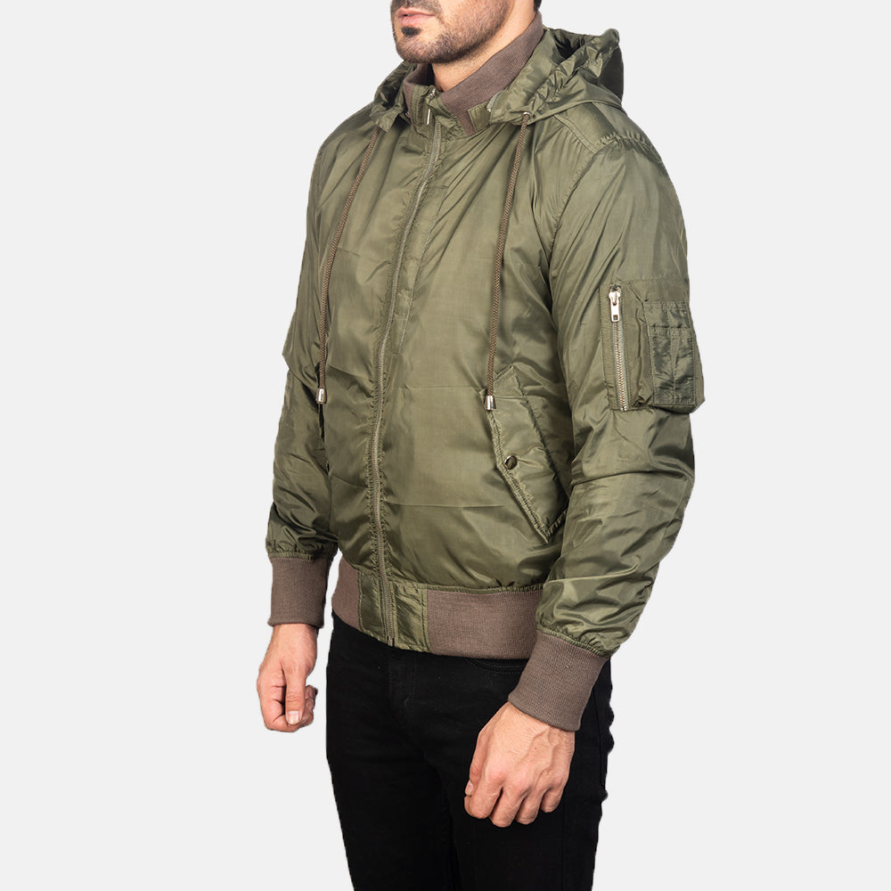 
Hanklin MA-1 Grün Hooded Leder-Bomberjacke für Herren - Rückansicht mit passgenauen Schultern & sauberem Saum