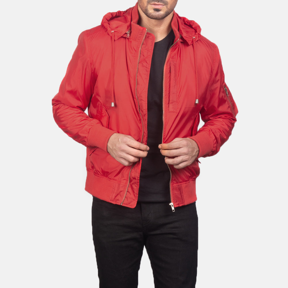 Men's Hanklin Ma-1 Red Hooded Bomber Jacket in Red Nylon - Vorderansicht &amp; maßgeschneiderte Silhouette | Online Kaufen