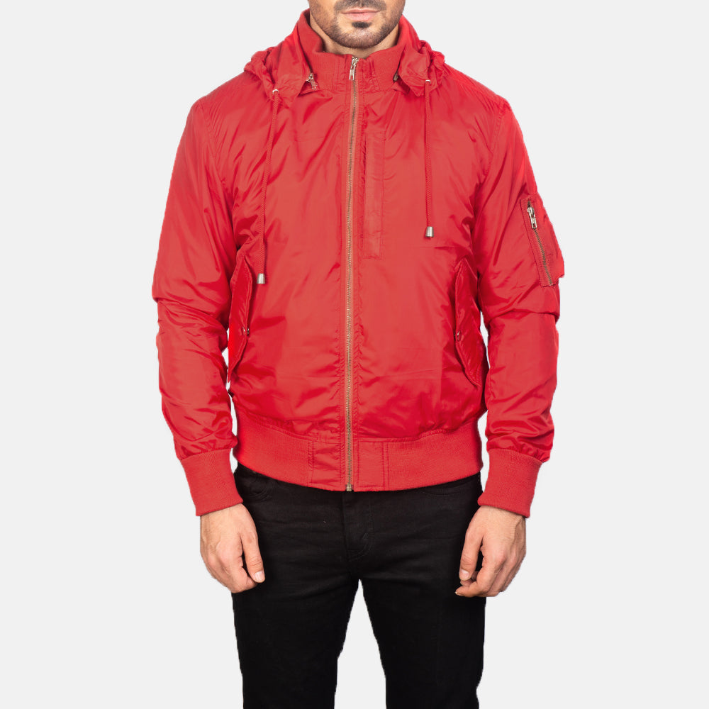 Detailansicht of Knit Rib with Removable Nylon Hood &amp; Zipper Hardware on Men's Hanklin Ma-1 Red Hooded Bomber Jacket