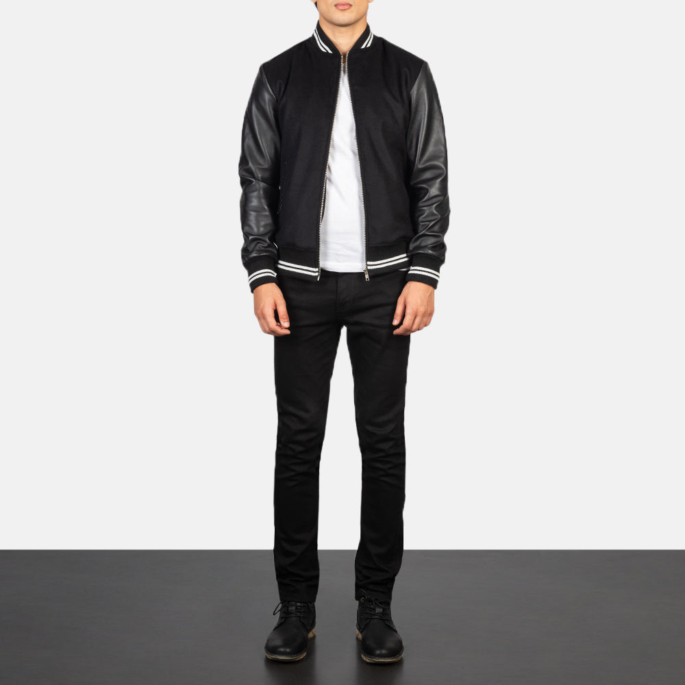 Detailansicht of Knit Rib &amp; zipper Hardware on Harrison Schwarz Hybrid Varsity Lederjacke für Herren