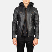 Men's Hector Schwarz Hooded Leder-Bikerjacke für Herren in Black Cowhide Leather - Vorderansicht &amp; maßgeschneiderte Silhouette | Online Kaufen