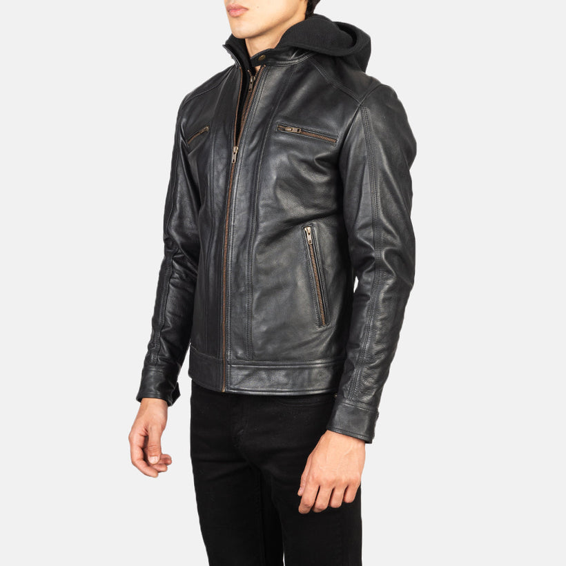 Hector Schwarz Hooded Leder-Bikerjacke für Herren