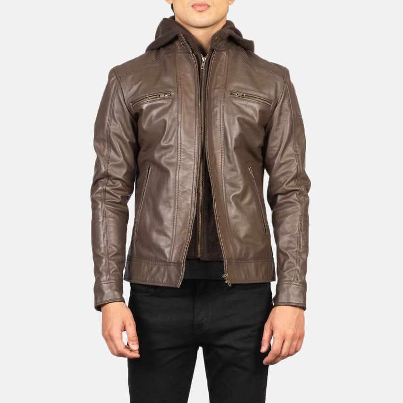 Hector Braun Hooded Leder-Bikerjacke für Herren