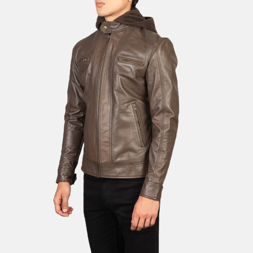 Hector Braun Hooded Leder-Bikerjacke für Herren