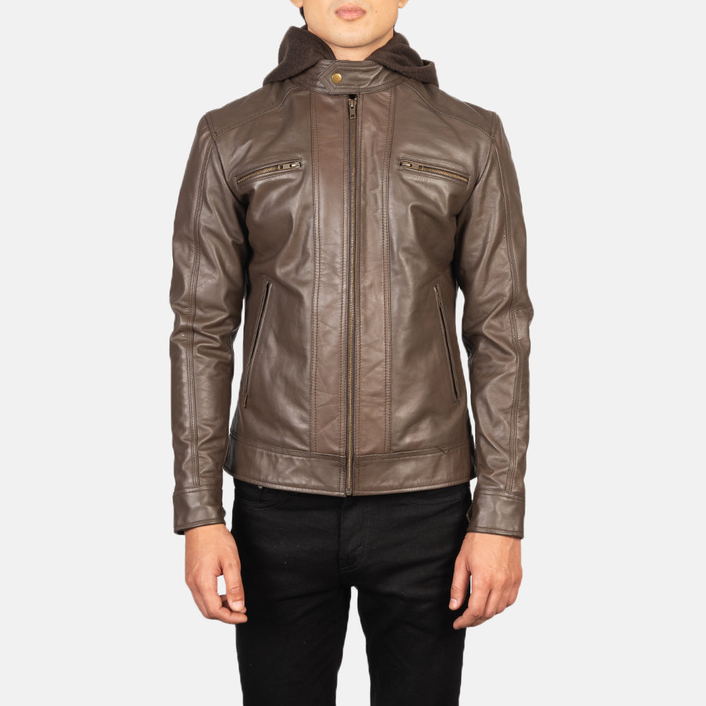 Detailansicht of Band with Snap Button &amp; Zipper Hardware on Men's Hector Braun Hooded Leder-Bikerjacke für Herren