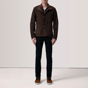 Styled Fit Perspective of Henrik Grey Suede Cafe Racer For Men on Model - Natural Daylight Drape
