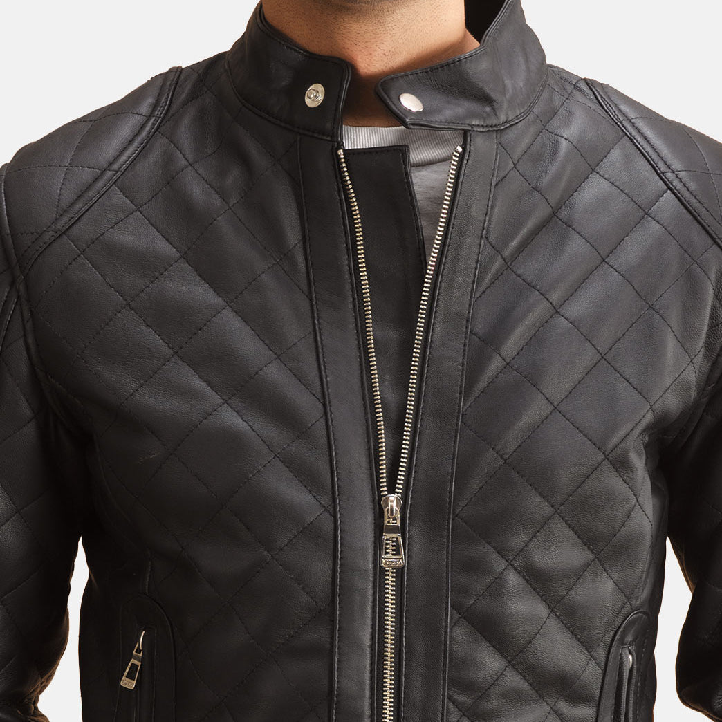 Detailansicht of Band with Snap Button &amp; Zipper Hardware on Henry Gesteppt Schwarz Lederjacke für Herren