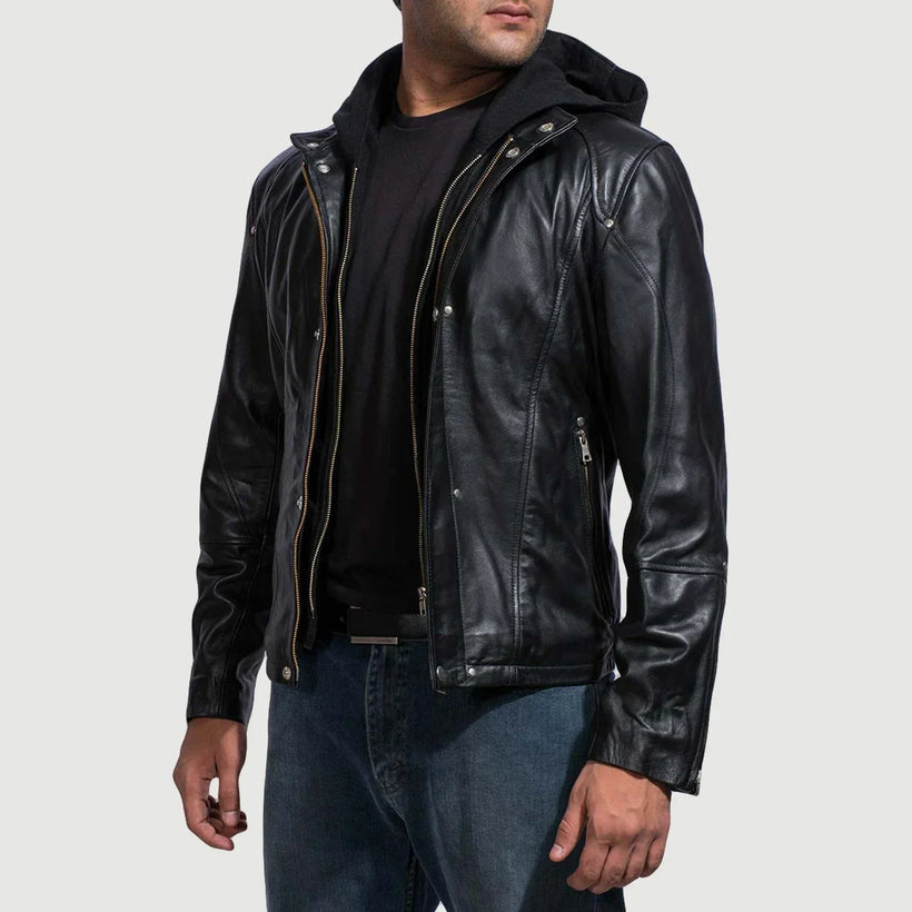 Highschool Schwarz Hooded Lederjacke für Herren