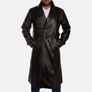
Black Cowhide Leather Trench Coat - Rückansicht mit passgenauen Schultern & sauberem Saum