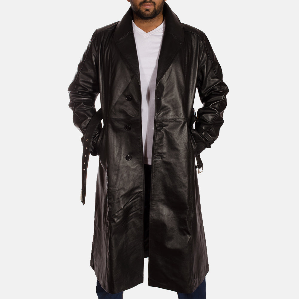 
Hooligan Schwarz Leder-Trenchcoat für Herren - Seitenansicht mit ergonomischem Ärmelschnitt & sportlicher Passform