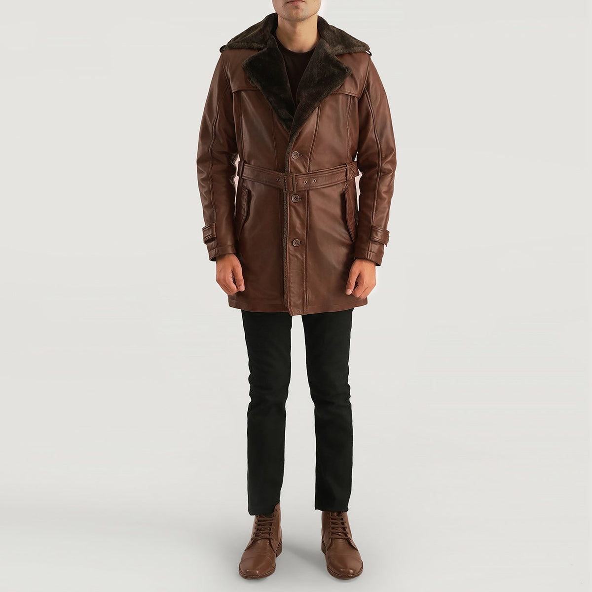 
Detailansicht of Notch & Button Hardware on Hunter Vintage-Braun Fur Ledermantel für Herren