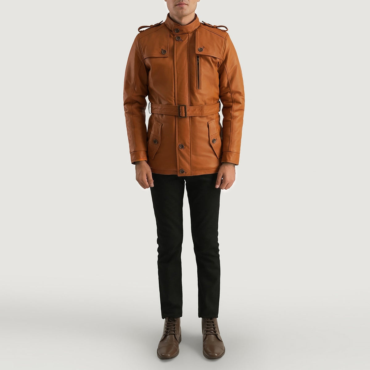 
Hunter Hellbraun Braun Fur Lederjacke für Herren - Seitenansicht mit ergonomischem Ärmelschnitt & sportlicher Passform