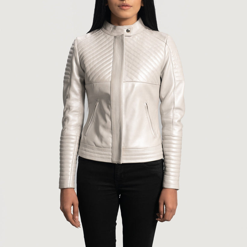 Women's Ice Maiden Silver Quilted Leather Biker Jacket in Silver Sheepskin Leather - Front Profile View & Tailored Silhouette | Buy Online