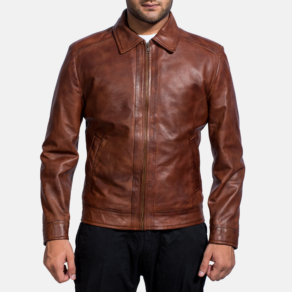 Open hem &amp; Hem Craftsmanship Construction Detail on Men's Inferno Braun Lederjacke für Herren