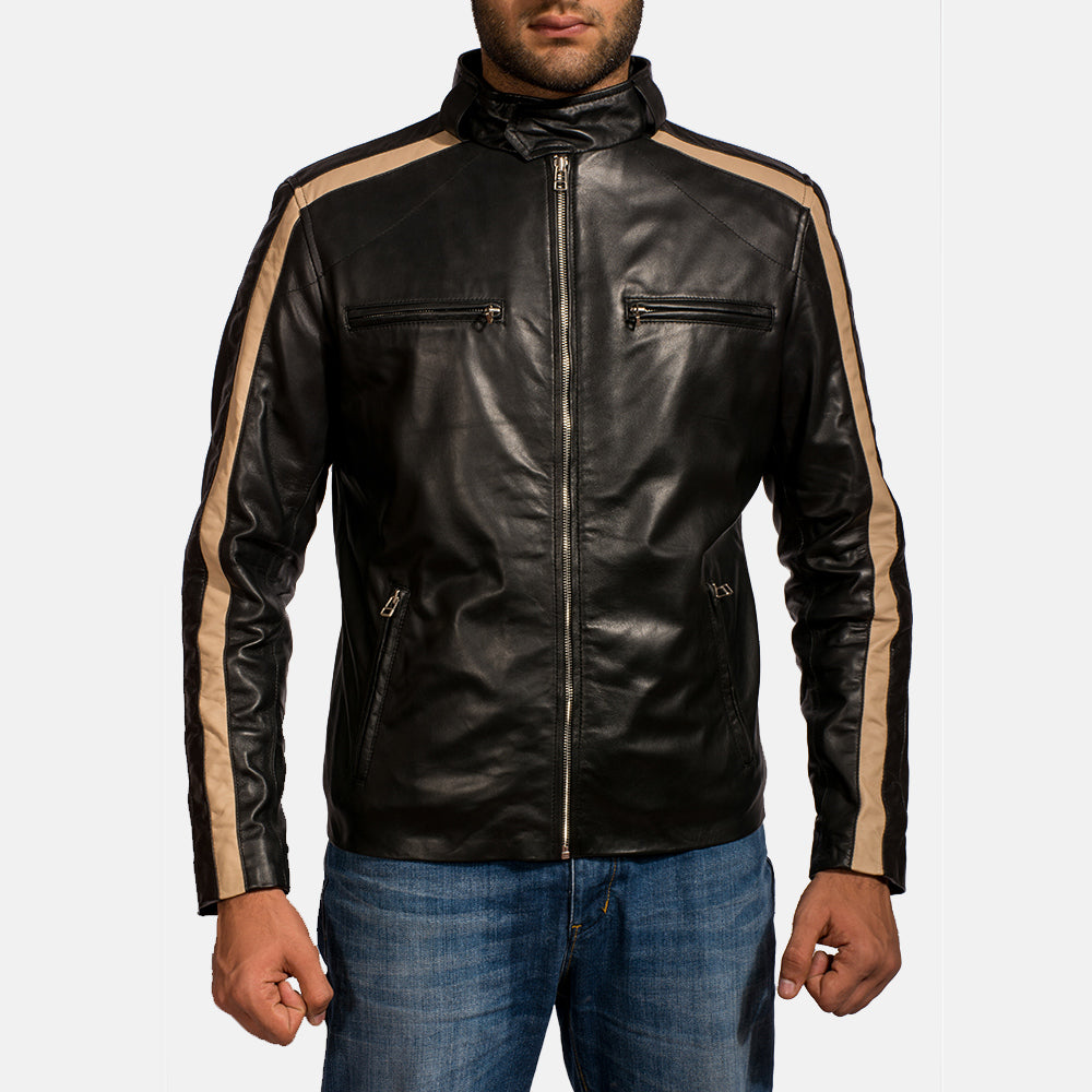 Men's Jack Schwarz Leder-Bikerjacke für Herren in Black Sheepskin Leather - Vorderansicht &amp; maßgeschneiderte Silhouette | Online Kaufen