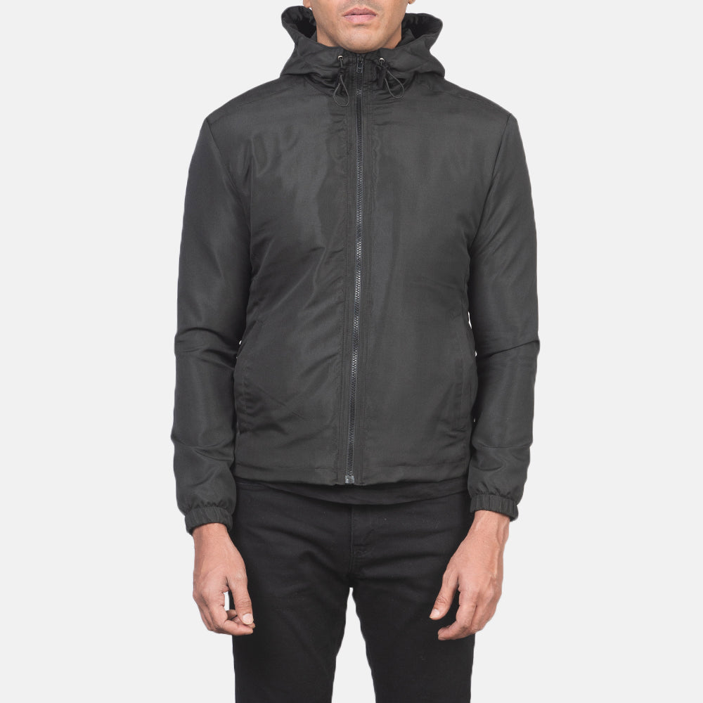 
Detailansicht of High Neck with Hood & Zipper with wind flap Hardware on Jimmy Schwarz Hooded Windbreaker Lederjacke für Herren