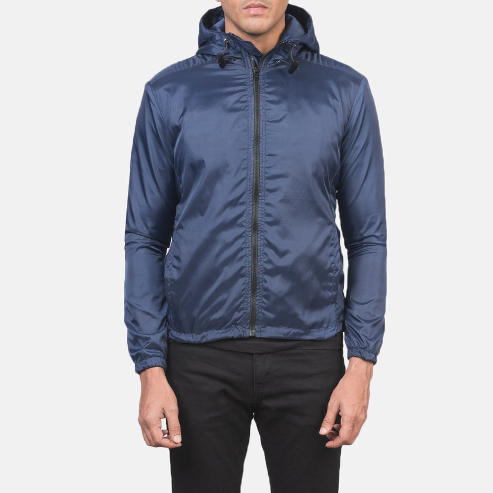 
Jimmy Blau Hooded Windbreaker Lederjacke für Herren in Blue Nylon - Vorderansicht & maßgeschneiderte Silhouette | Online Kaufen