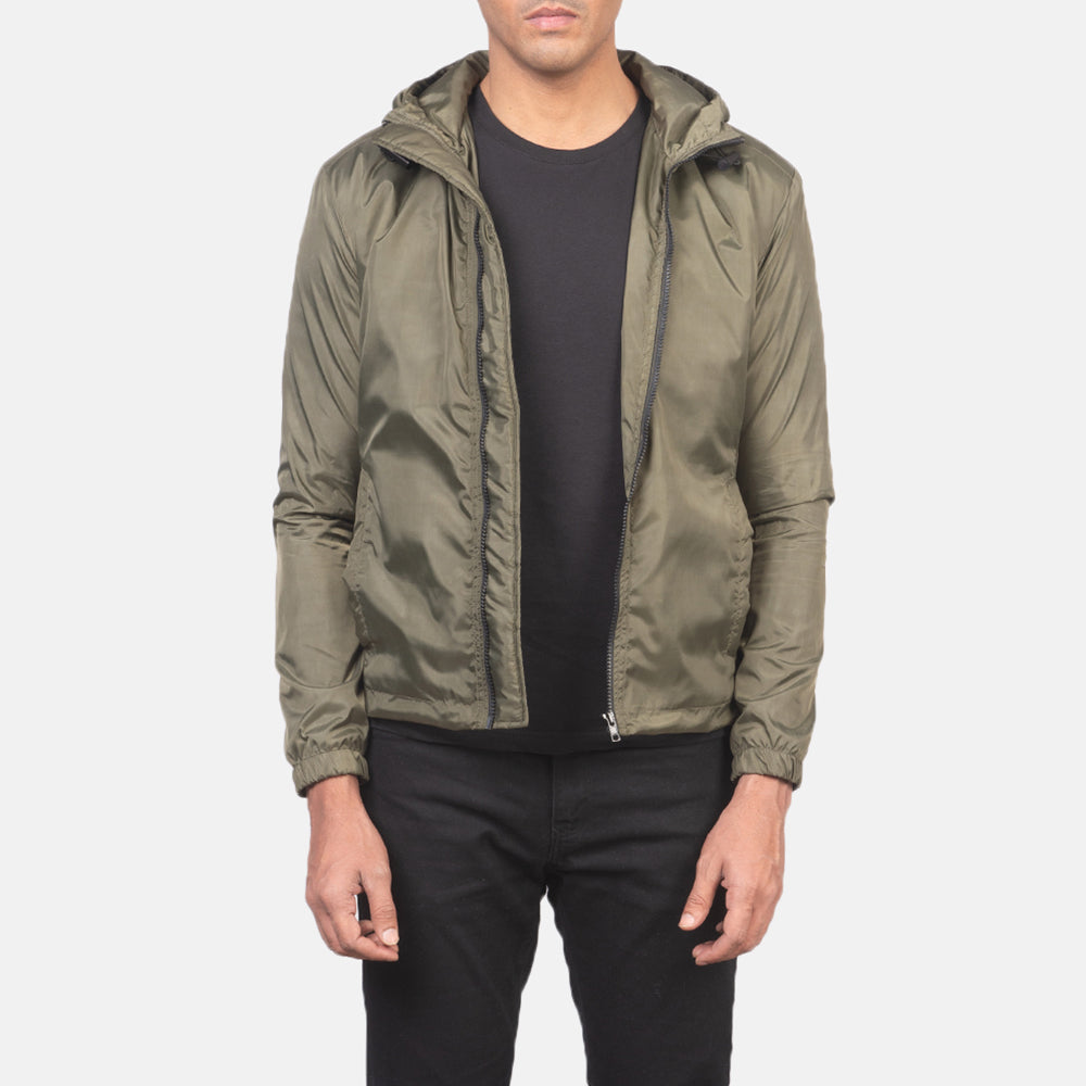 Jimmy Green Hooded Windbreaker Jacket in Green Nylon - Vorderansicht & maßgeschneiderte Silhouette | Online Kaufen