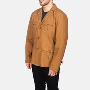 
Khaki Poly-Cotton Leather Blazer - Rückansicht mit passgenauen Schultern & sauberem Saum