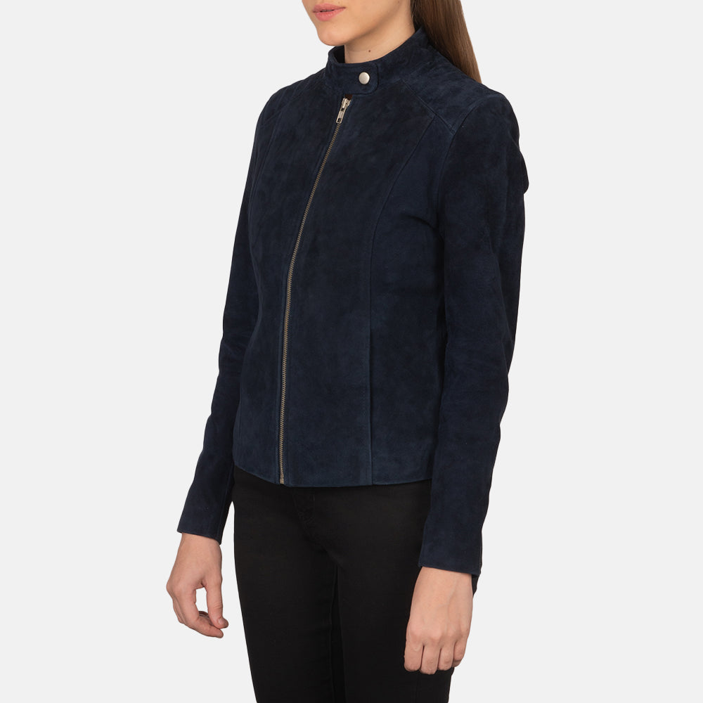 Navy Blue Goatskin Suede Biker Jacket - Rückansicht mit passgenauen Schultern &amp; sauberem Saum