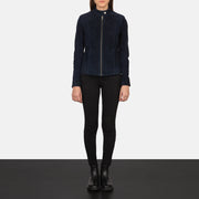Women's Kelsee Navy Blue Suede Biker Jacket - Seitenansicht mit ergonomischem Ärmelschnitt