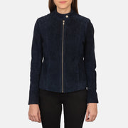 Detailansicht of Band with snap button &amp; Zipper Hardware on Women's Kelsee Navy Blue Suede Biker Jacket