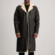 Kolby Tumbled Brown Shearling Long Coat in Brown Sheepskin Snuffed - Vorderansicht &amp; maßgeschneiderte Silhouette | Online Kaufen