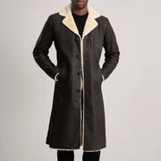 Detailansicht of Notch &amp; Button Hardware on Kolby Tumbled Brown Shearling Long Coat