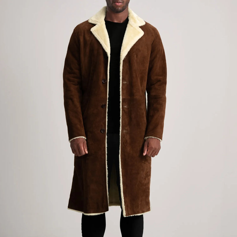 Kolby Braun Suede Shearling Ledermantel für Herren