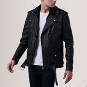 
Kole Schwarz Leather Double Rider Lederjacke für Herren For Men in Black Sheepskin Leather - Vorderansicht & maßgeschneiderte Silhouette | Online Kaufen