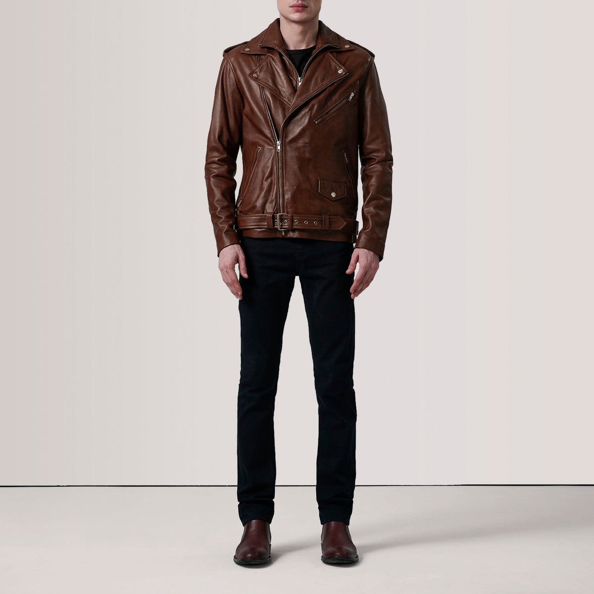 
Distressed Brown Sheepskin Burnished Biker Jacket - Rückansicht mit passgenauen Schultern & sauberem Saum
