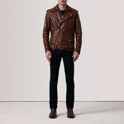 
Distressed Brown Sheepskin Burnished Biker Jacket - Rückansicht mit passgenauen Schultern & sauberem Saum