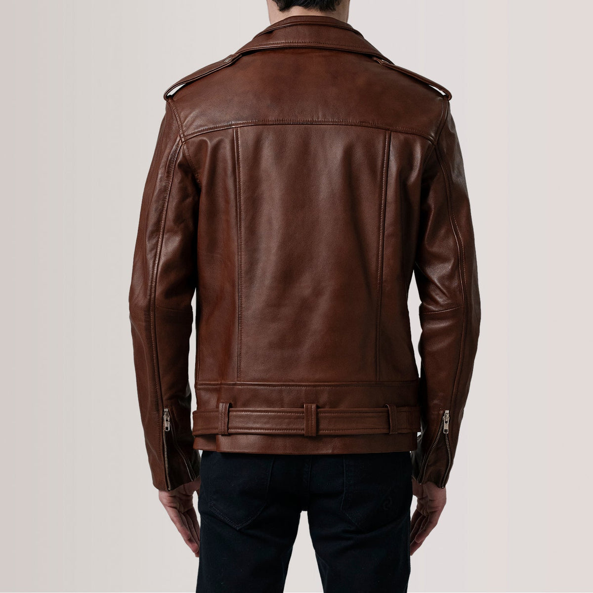 
Detailansicht of Notch & Zipper & Waist Straps Hardware on Kole Waxed Braun Leather Double Rider Lederjacke für Herren